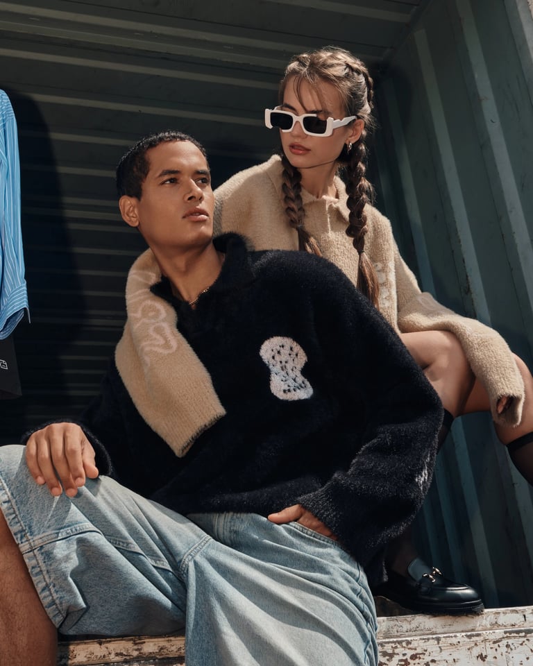Two models in streetwear sweaters sitting inside a container for Break the Cycle summer campaign Bali 2025.