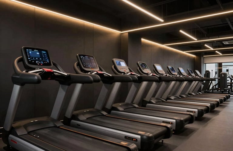An ultra-modern treadmill and cardio area in a high-end gym with jet black walls and glowing muted gold LED accent lighting.