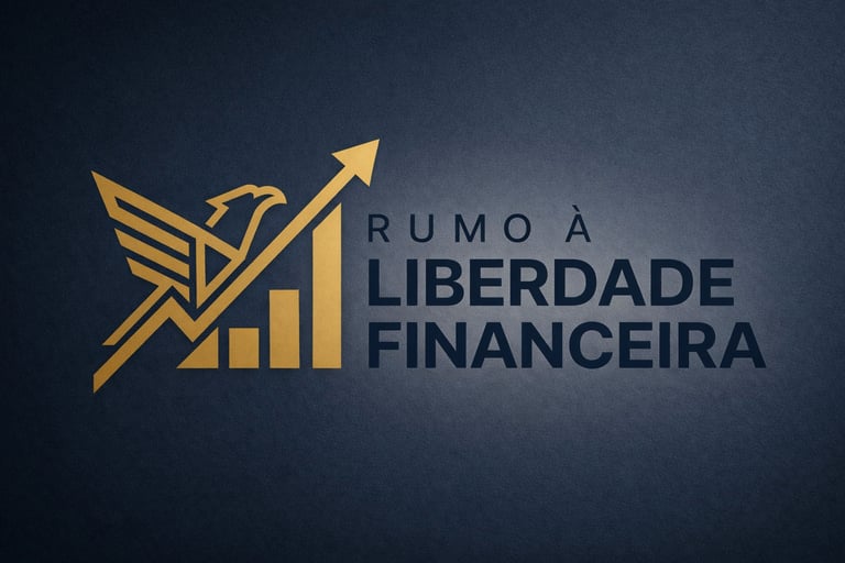 Logo dourado de uma águia com gráfico de crescimento e texto "RUMO À LIBERDADE FINANCEIRA" à direita.  Design dourado e azul 