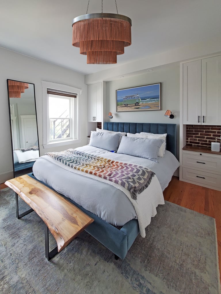 Primary suite, copper fringe chandelier, bespoke built-ins, Missoni Casa wallpaper, Erica Fossati Boston