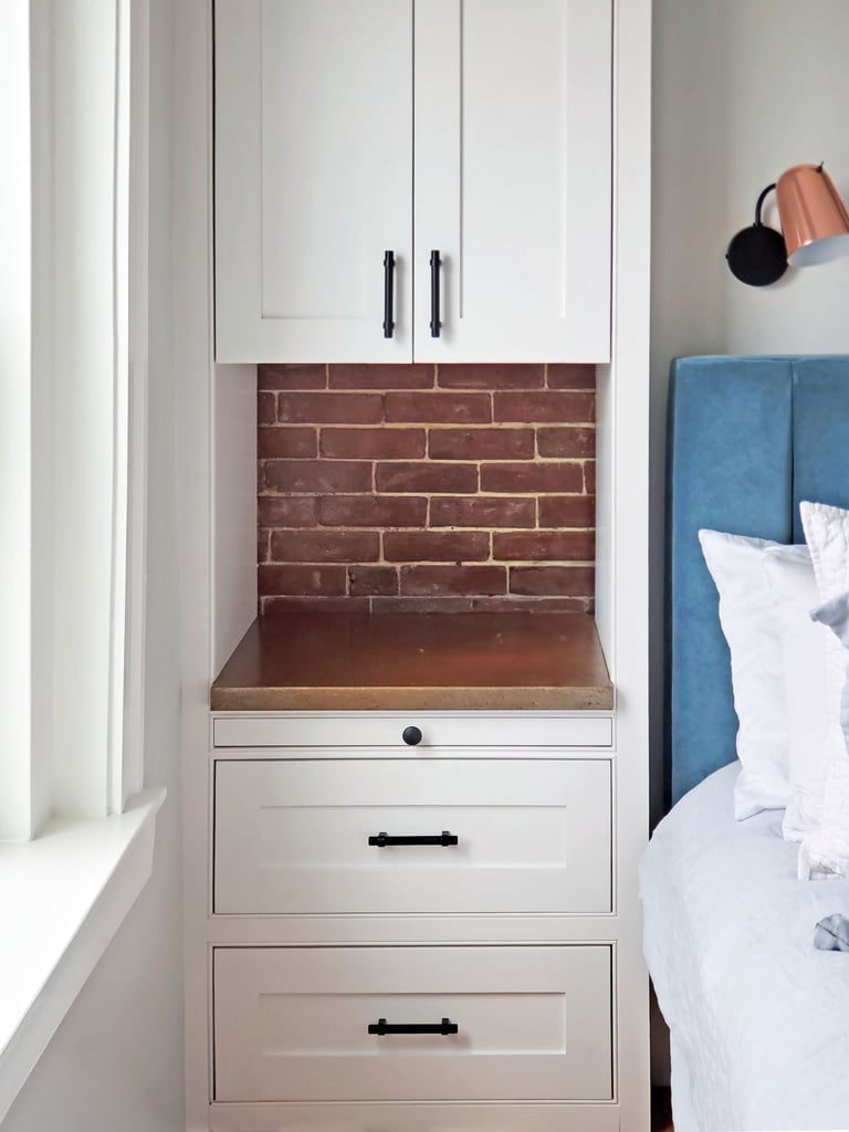 Custom built-in detail, exposed original brick, corten steel top, Charlestown Boston MA