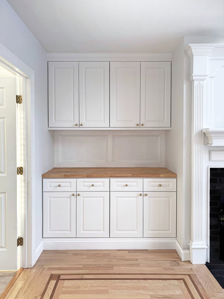 Custom built-in cabinetry, brass hardware, wood countertop, colonial home renovation Lancaster MA, Erica Fossati Design