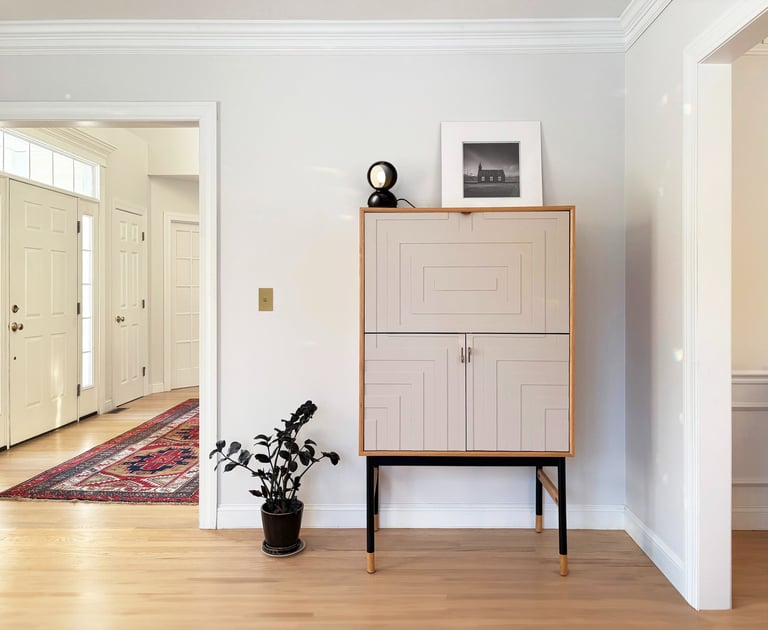 Contemporary Kardiel bar cabinet, antique Persian runner, oak floors, interior renovation Lancaster MA, Erica Fossati Design