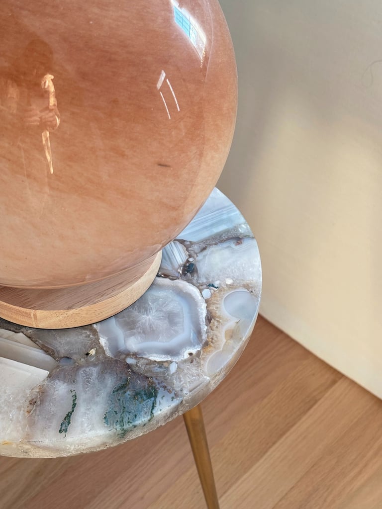 Anthropologie agate side table with wood bowl, curated interior design detail Lancaster MA, Erica Fossati Design