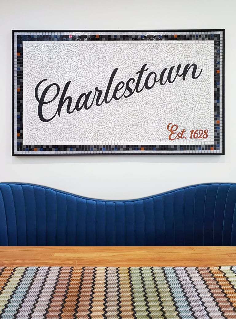 Custom Charlestown mosaic by Mosaic Oasis Arlington, blue velvet banquette, Erica Fossati Design Boston