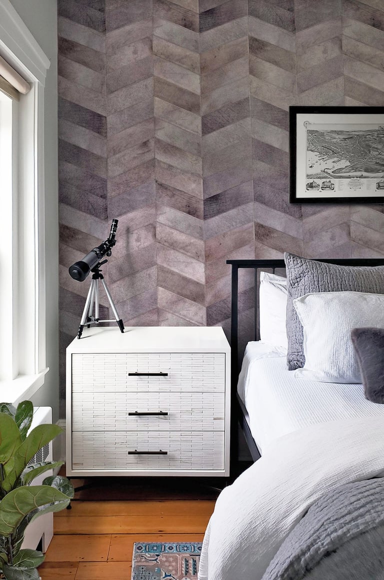Guest bedroom, Arte International cavallino chevron wallcovering, historic rowhouse Charlestown Boston MA