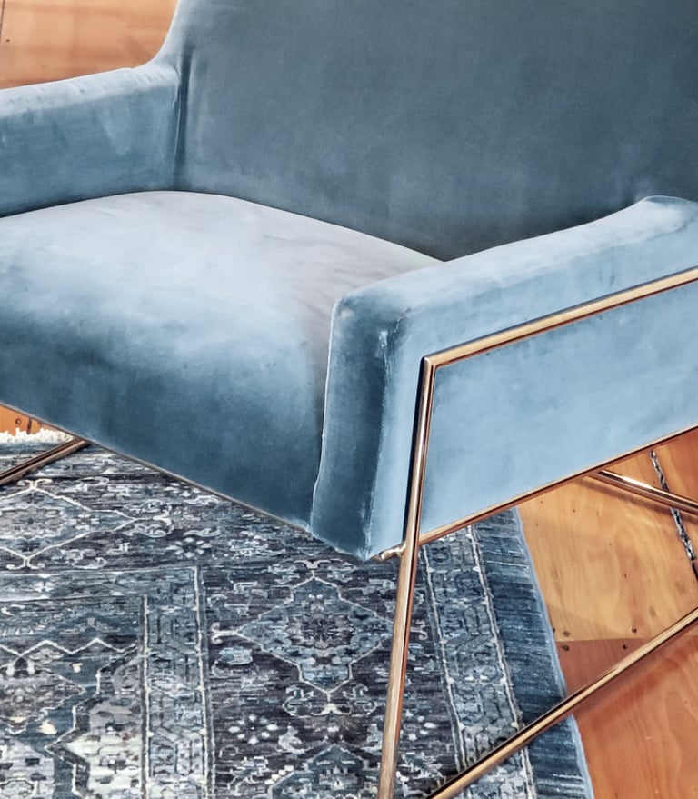 Vintage teal velvet armchair detail, rose gold frame, vintage rug, Erica Fossati Design Charlestown Boston