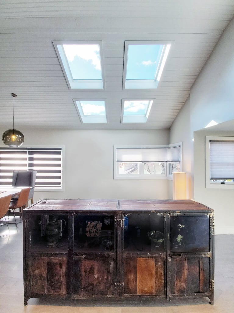 Open plan living area, quad skylights, industrial cabinet, cathedral ceiling, Medford MA Greater Boston