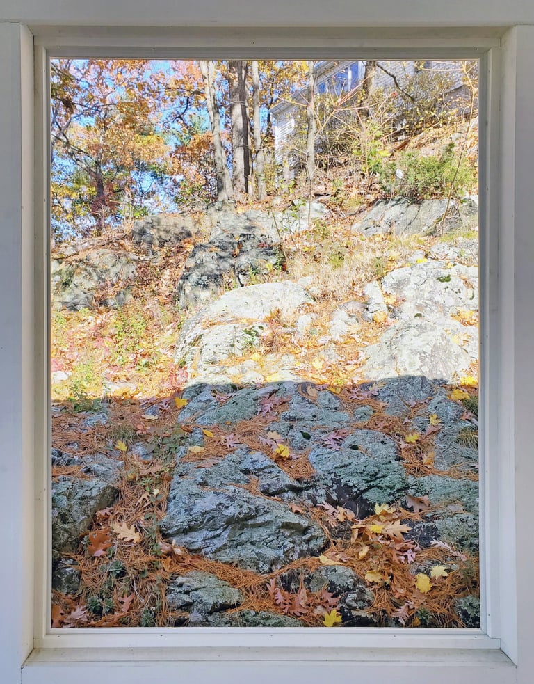 Rocky hillside garden view, granite outcroppings, New England landscape, Medford MA