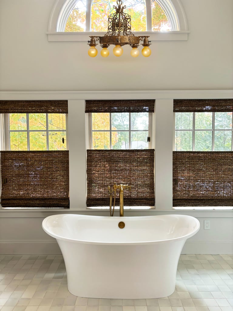 Victoria and Albert freestanding tub Rejuvenation vintage chandelier luxury master bathroom Reading MA — Erica Fossati Design