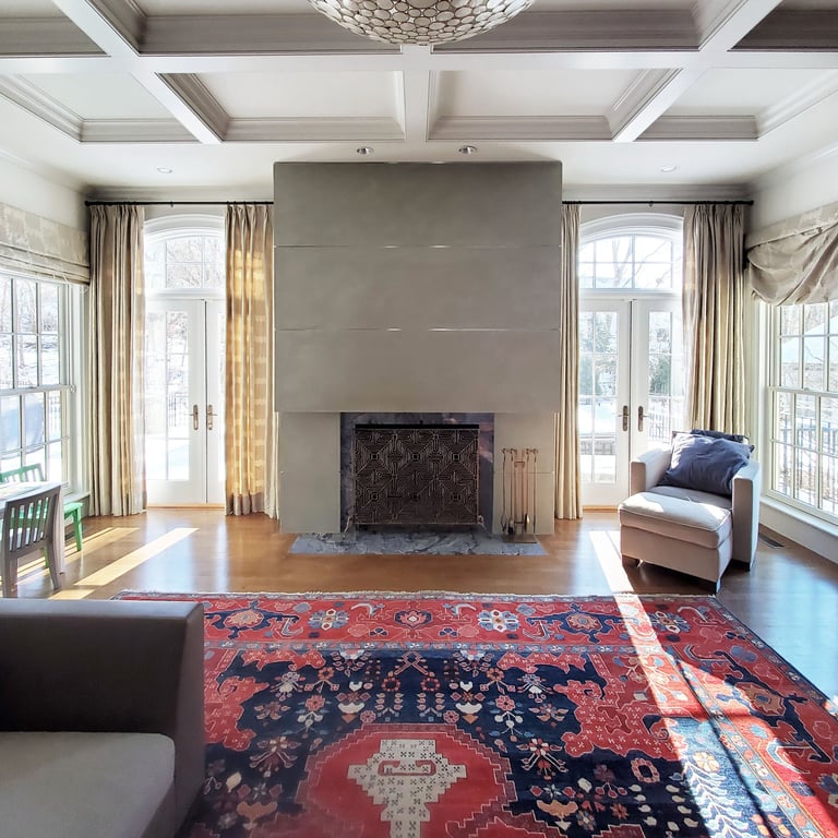 Living room before renovation, concrete aggregate fireplace, Lexington MA