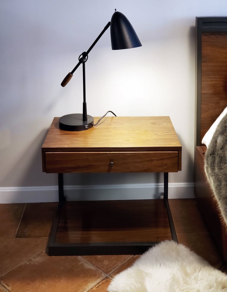 Primary bedroom nightstand detail, walnut and steel, task lamp, Medford MA Greater Boston