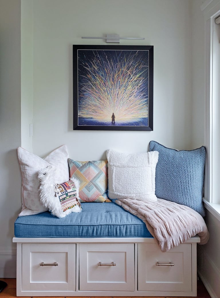 Custom storage window seat, built-in drawers, upholstered cushion, Erica Fossati Design Charlestown MA