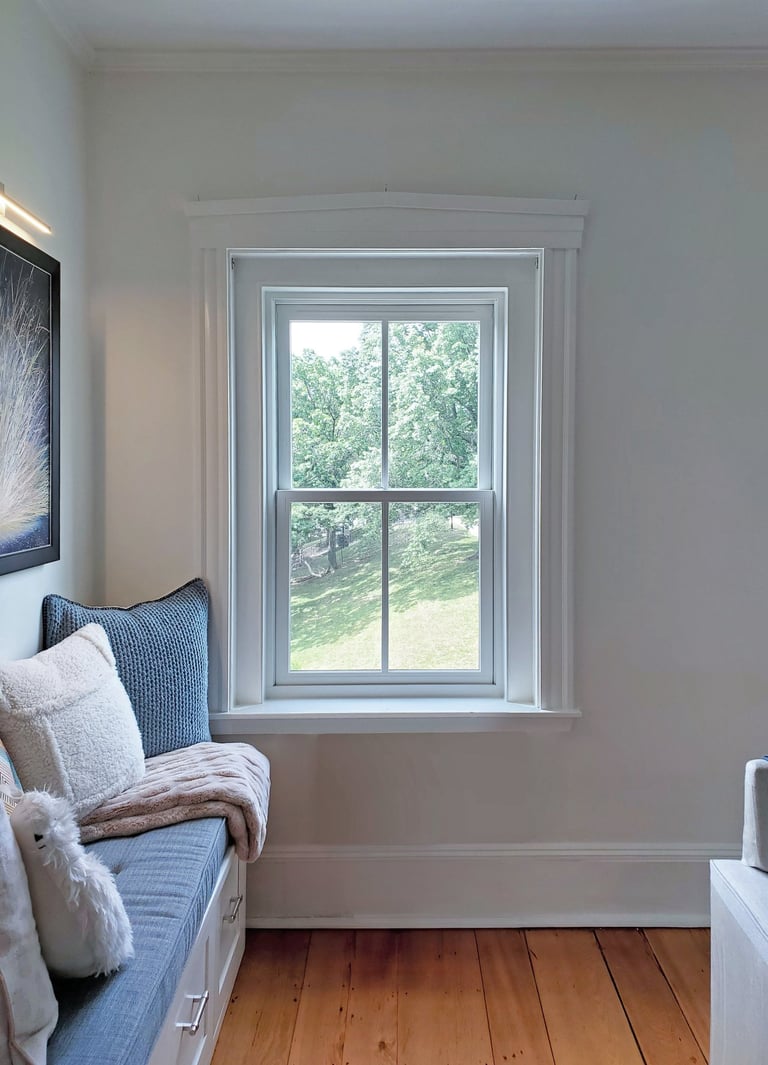 Reading nook window, original pine floors, historic window casings, Charlestown Boston MA