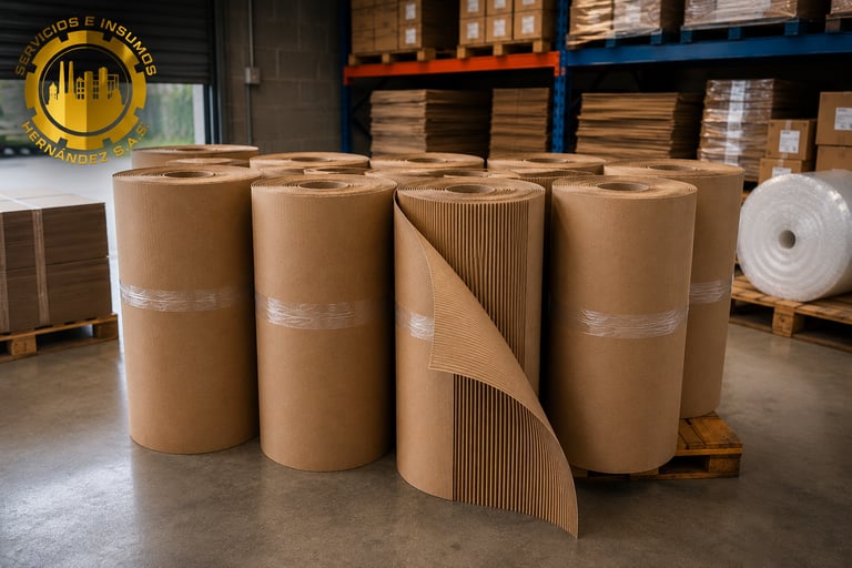 Large rolls of brown corrugated cardboard packaging material on pallets in a warehouse.