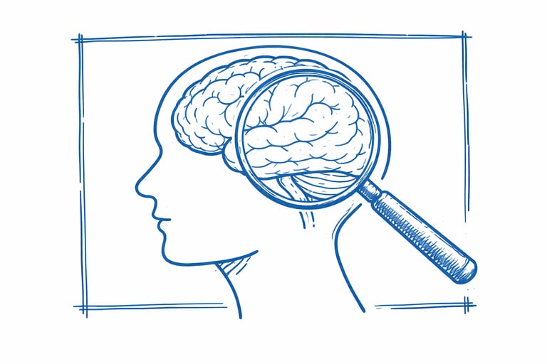 sketch van hersenen met een loep