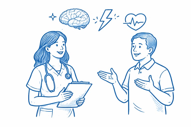 twee mensen die praten over herstel, getekend met blauwe marker