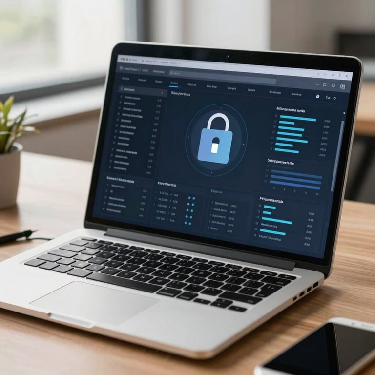 Close up of high-end business laptop displaying data security dashboard, professional setting, natural lighting, clean office desk.