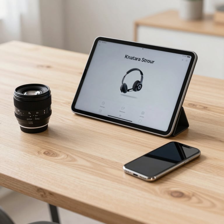 A digital workspace with a tablet and a smartphone on a light wooden table, bright and friendly Estonian interior design, representing modern tech support.