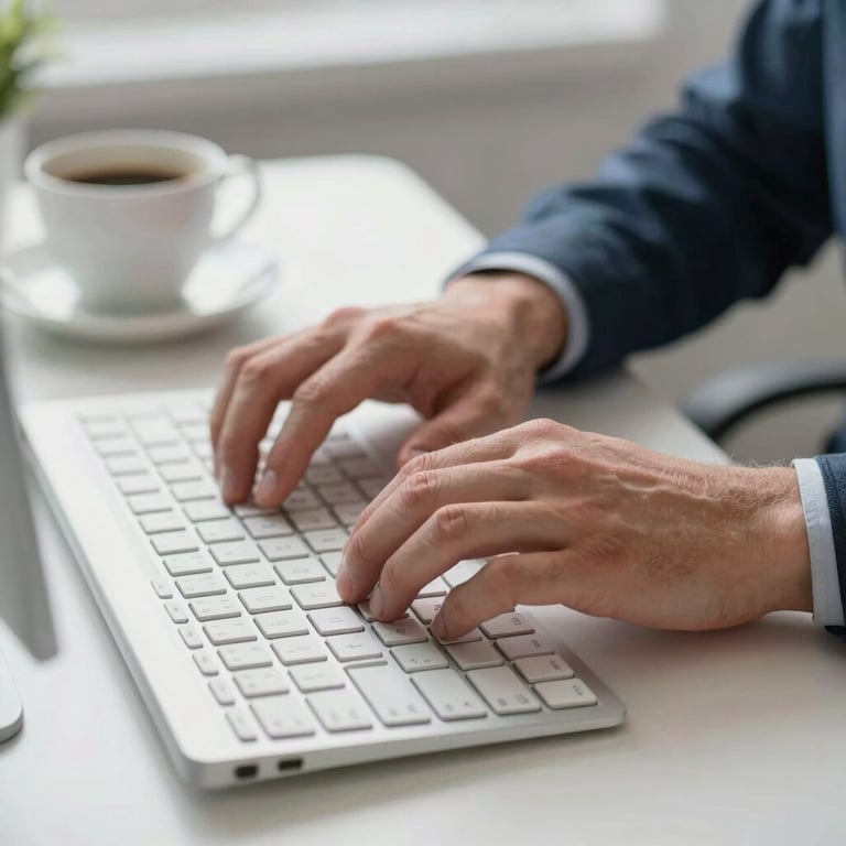 Close up of a professional's hands typing on a modern aluminum keyboard in a bright, clean Estonian tech office, soft focus on a cup of coffee nearby.