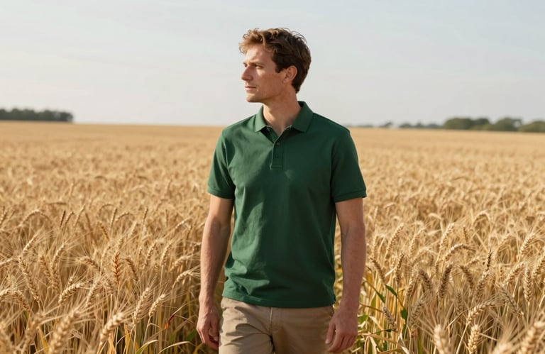 A professional medium shot of an agricultural specialist in smart casual attire standing in a sunlit wheat field, looking toward the horizon. Global / International setting, clean and modern aesthetic with dark green accents.