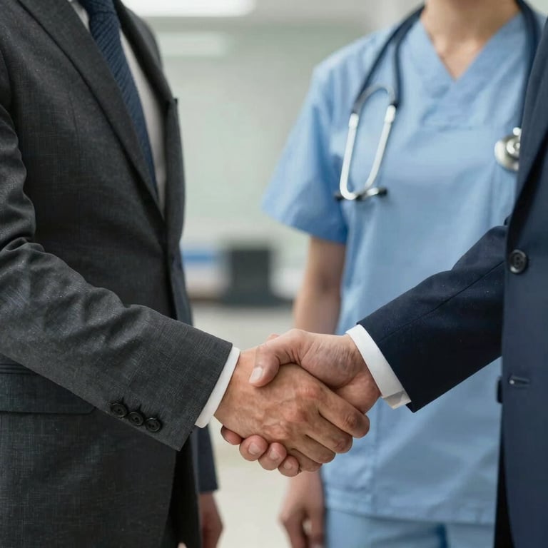 A firm handshake between a manager in a charcoal business suit and a healthcare professional in a light blue uniform, symbolizing a trusted UK partnership.