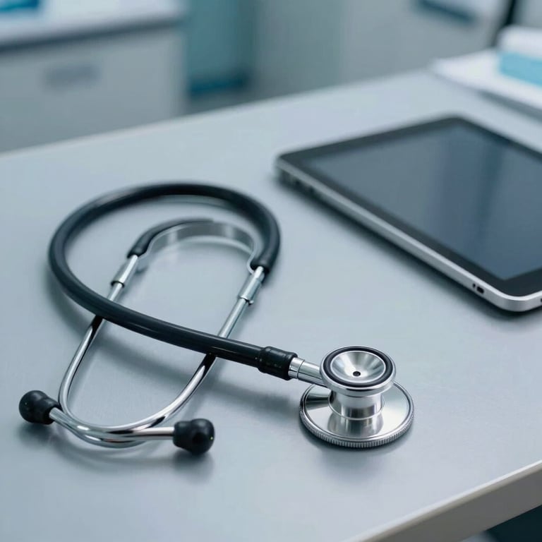 A professional medical stethoscope resting on a clean steel blue surface next to a digital tablet in a modern and efficient clinical UK medical office.