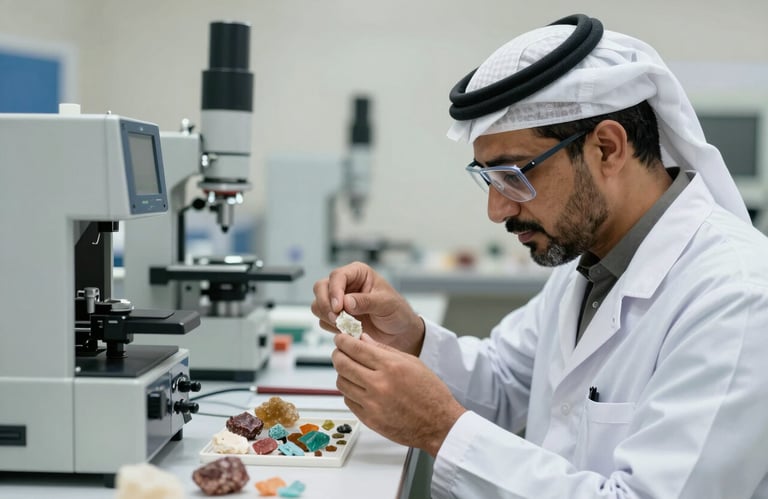 A quality control technician in a Middle Eastern / Egyptian with Global Reach facility, testing mineral samples in a sterile environment.