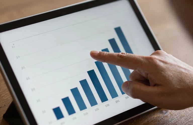 A focused professional hand pointing at a tablet screen showing growth charts, light grey and navy blue aesthetic, South American context.