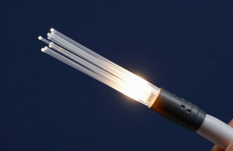 Macro photography of a sleek fiber optic cable glowing with light, symbolizing modern telecommunication efficiency, navy blue background.