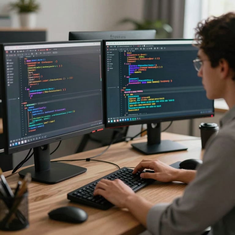 A focused professional working on multiple monitors showing lines of code and technical data, soft lighting in a modern home office, Global / International.
