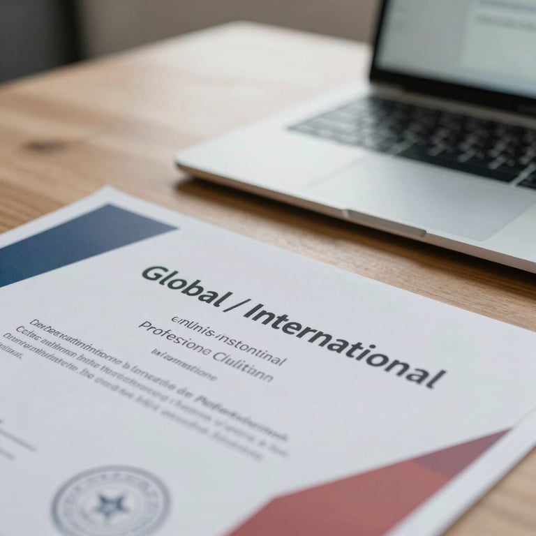 Close-up of a certificate on a desk next to a modern professional laptop, soft focused background, Global / International professional certifications.