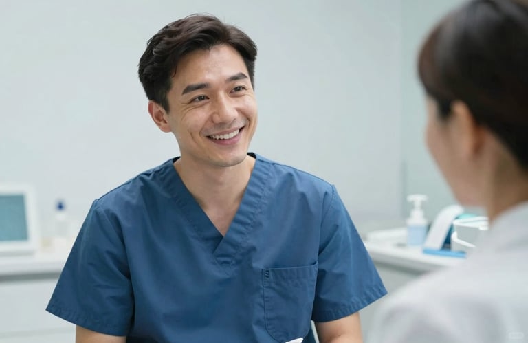 A dentist wearing professional scrubs in #4A6572 color, smiling and talking reassuringly to a patient. Focus on trust and high-quality patient care.