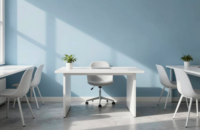 A professional North American / US co-working space with minimalist furniture in cloud white and soft blue, captured in morning light.