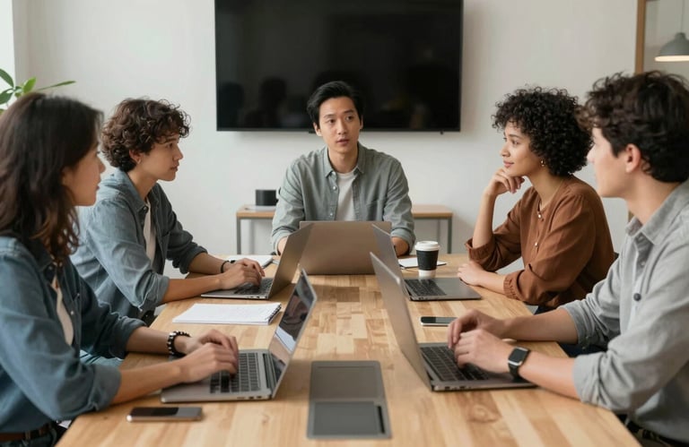 A group of diverse professionals in a North American / US creative studio engaged in an efficient team meeting.