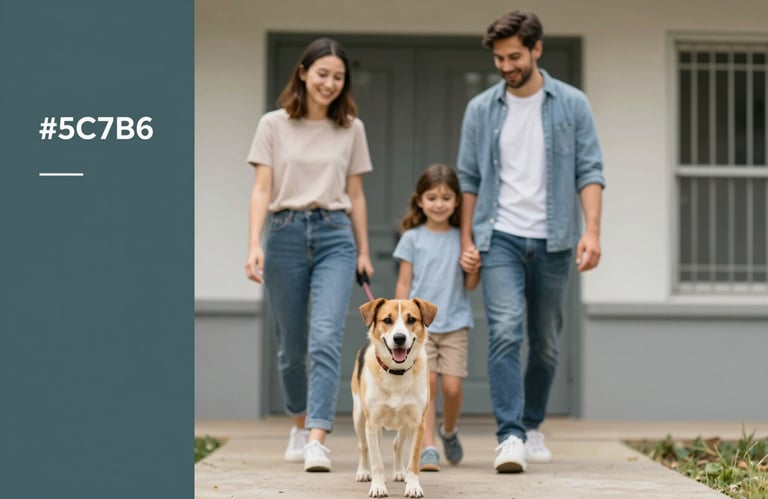 A happy family walking out of an animal shelter with their newly adopted dog, warm lighting, conveying trust and hope, accented with #5C7B6C.