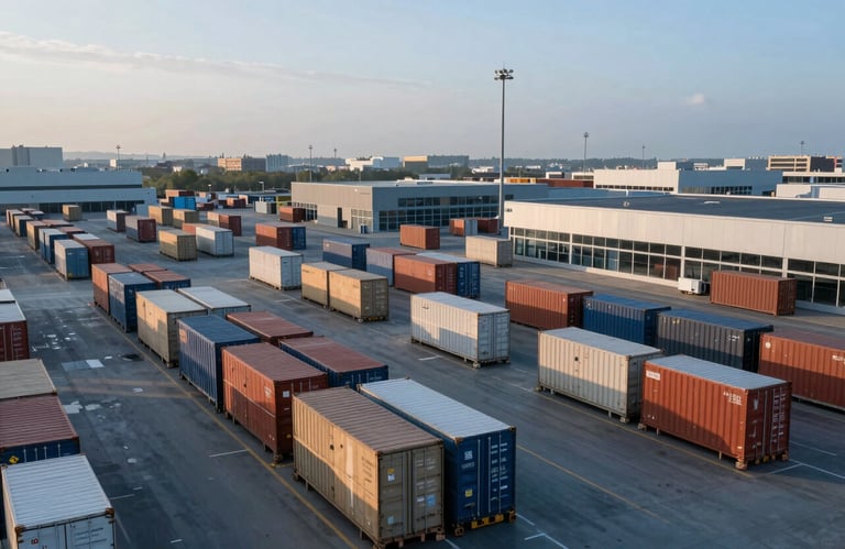 A modern, high-tech logistics hub in a metropolitan North American / Global Turkish environment. The scene is lit with Soft Steel Blue morning light, focusing on organized shipping crates and modern infrastructure.