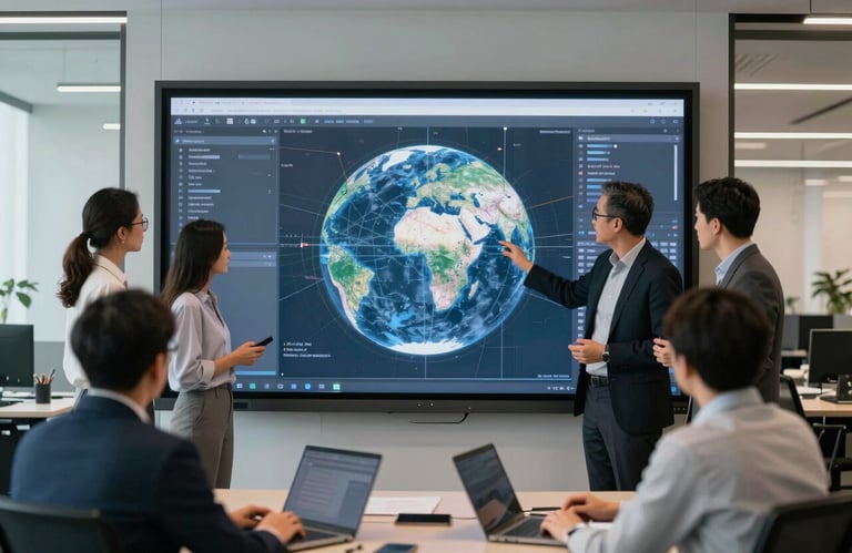Professional colleagues collaborating around a large digital interactive screen in a clean, high-tech corporate office, Global / Modern.