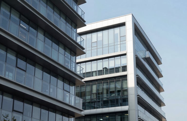 Clean, sharp architectural photography of a tech innovation hub with steel and glass finishes, reflecting a pale blue sky, Global / Modern.