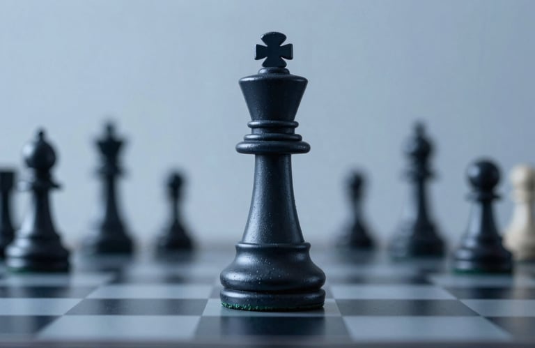 A conceptual image of a chess piece (the King) standing tall on a reflective dark surface. Professional lighting emphasizing texture and weight. Palette: #0F1C2E and #8DA9C4.