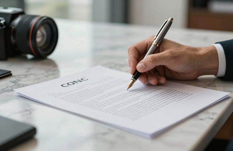 Close up of a hand signing a contract on a marble desk in a high-end Brazilian office, natural light, expensive pen, focus on the document.