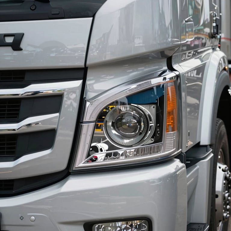 Close-up detail of a modern truck's headlight and chrome grill, reflecting a professional Brazilian cargo terminal environment, clean and high-tech feel.