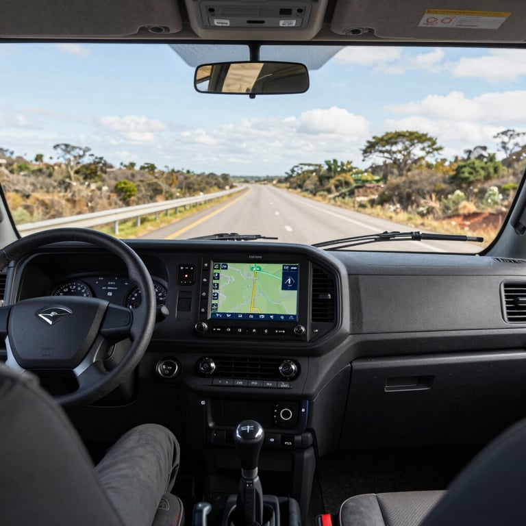 A driver's perspective from inside a clean, modern truck cabin, showing a professional GPS interface and a clear South American highway ahead.