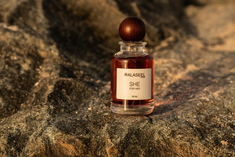 SHE fragrance on beach boulder top shot, SHE launch by ALASEEL, Kite Beach | NBmore