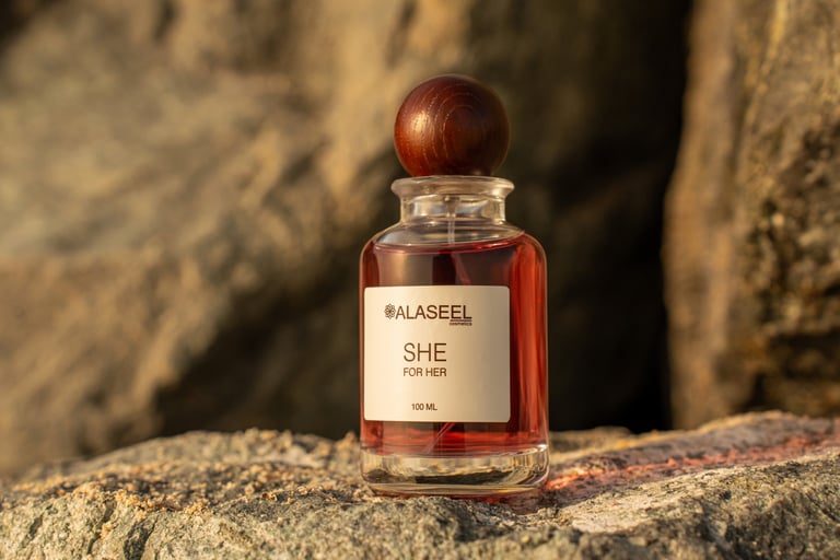 SHE fragrance on beach boulder straight level shot, SHE launch by ALASEEL, Kite Beach | NBmore