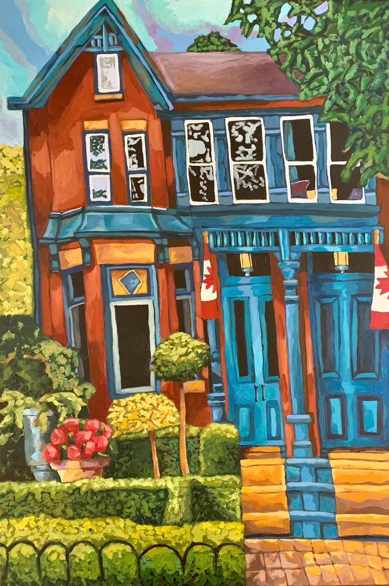 Vividly coloured Victorian style semi-detatched toronto house with Canada Flags acrylic on canvas