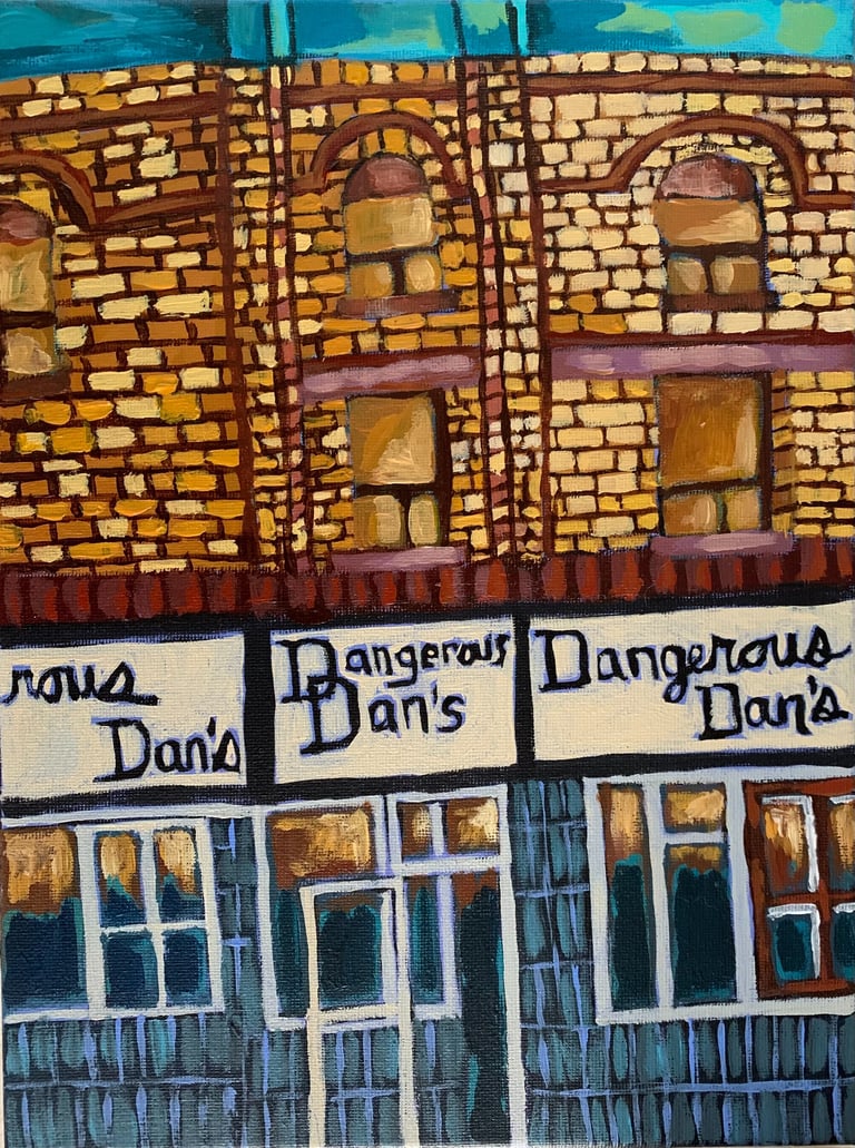 Facade of Dangerous Dan's restaurant in Toronto acrylic on canvas