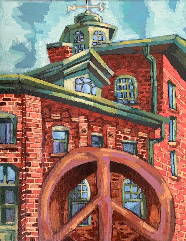 Old brick buildings in Distillery District with Peace symbol sculpture in front Toronto acrylic on canvas