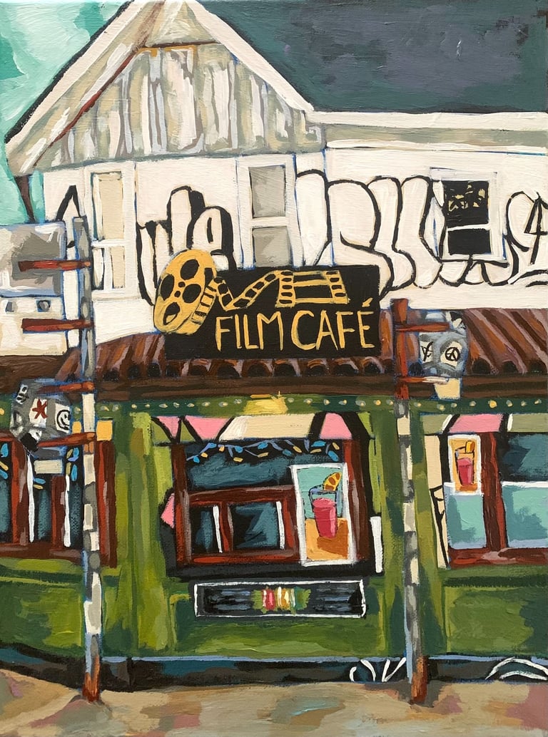 Film Cafe storefront in Kensington Market Toronto acrylic on canvas