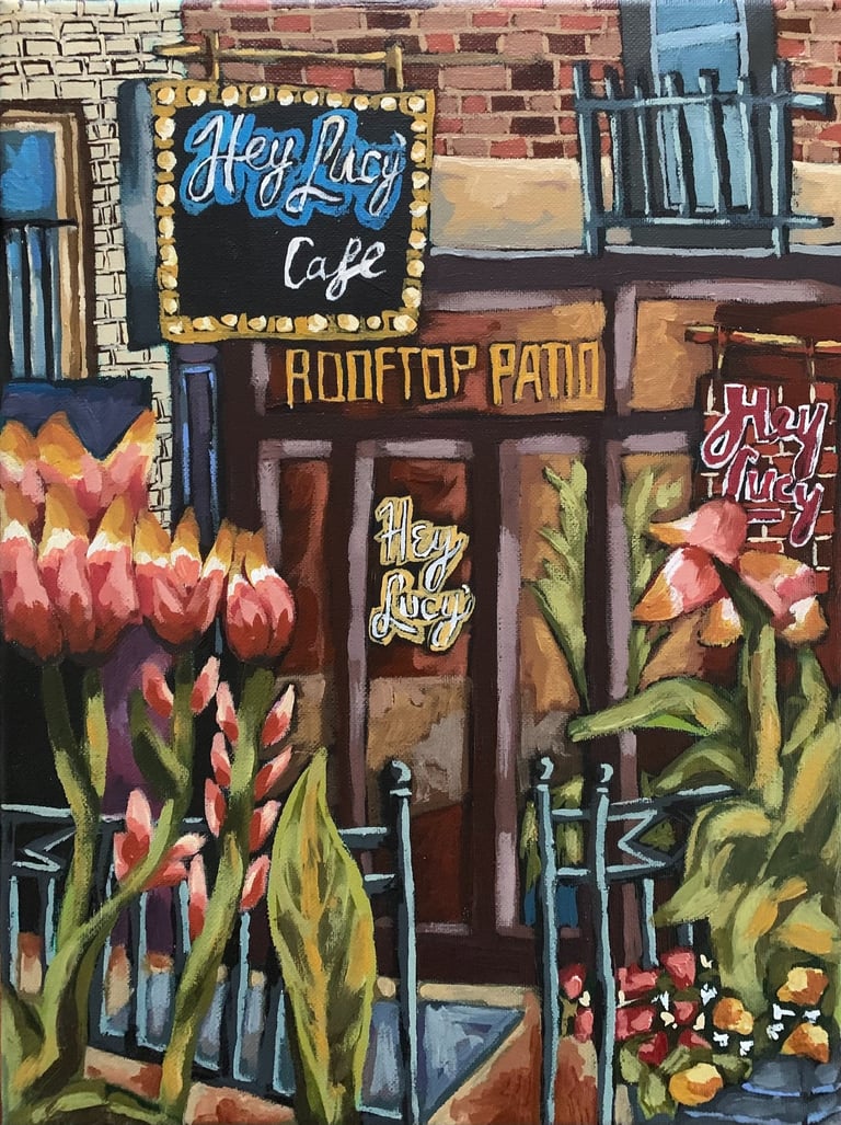 Hey Lucy Cafe toronto storefront with flowers acrylic on canvas